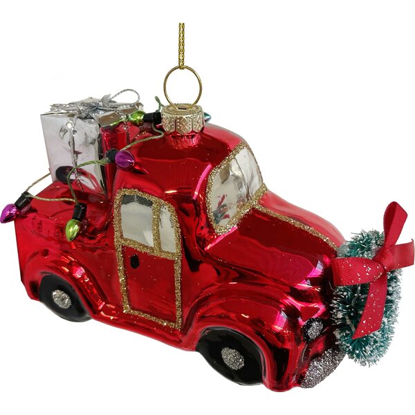 Shishi rood glass car with presents on board, Kerst ornament